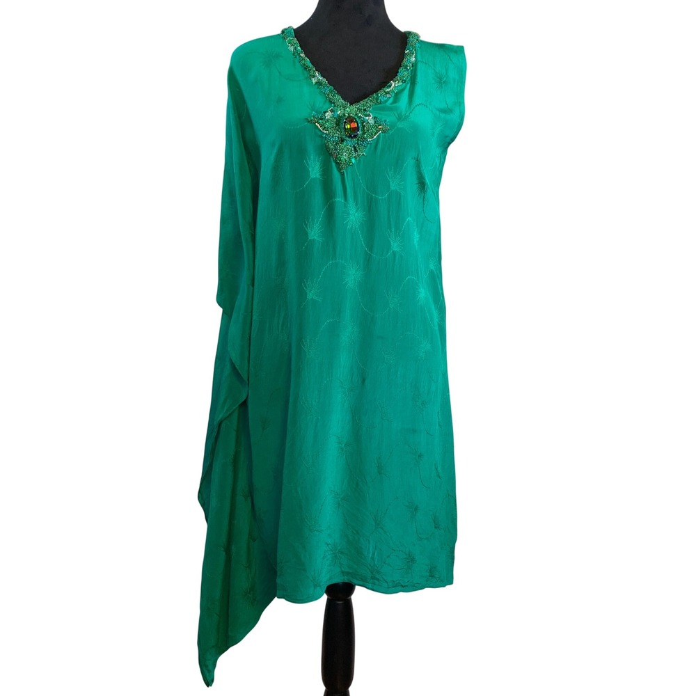 Nazila Couture sz XS Green Silk Beaded 1 Sleeve Poncho beaded neck with Crystal